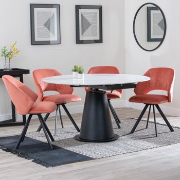 GET 2 CHAIRS FREE - Carrara White 85-135cm Round Dining Set with 4 Ion Orange Swivel Chairs
