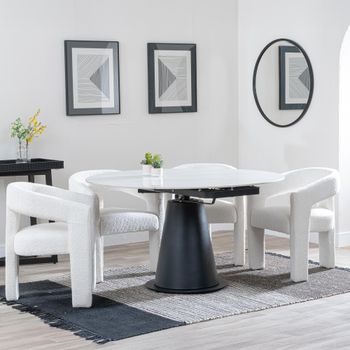 Carrara White Ceramic 85cm-135cm Round Extending Dining Set with 4x Kiefer Cream Boucle Fabric Chair