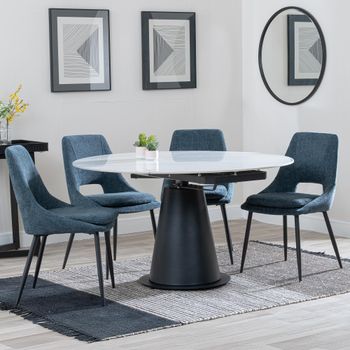 GET 2 CHAIRS FREE - Carrara White Ceramic 85-135cm Round Dining Set with 4 Peyton Blue Chairs