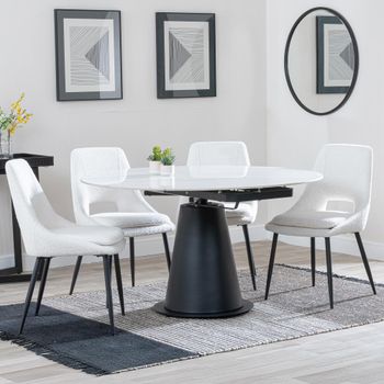 GET 2 CHAIRS FREE - Carrara White Ceramic 85-135cm Round Dining Set with 4 Peyton Cream Chairs
