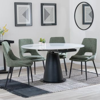 GET 2 CHAIRS FREE - Carrara White Ceramic 85-135cm Round Dining Set with 4 Peyton Green Chairs