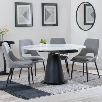 GET 2 CHAIRS FREE - Carrara White Ceramic 85-135cm Round Dining Set with 4 Peyton Grey Chairs