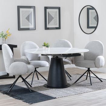 GET 2 CHAIRS FREE - Carrara White Ceramic 85-135cm Round Dining Set with 4 Theo Grey Swivel Chairs