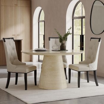 Carrera Travertine Beige Marble 4 Seater 130cm Round Dining Set with 4 Carmela Cream Leather Chairs