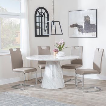 Carrera White Marble 4 Seater 130cm Round Dining Set with 4x Bianco Beige Faux Leather Dining Chairs