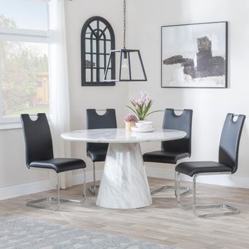 Carrera White Marble 4 Seater 130cm Round Dining Set with 4x Bianco Black Faux Leather Dining Chairs