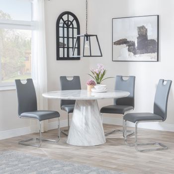 Carrera White Marble 4 Seater 130cm Round Dining Set with 4x Bianco Grey Faux Leather Dining Chairs