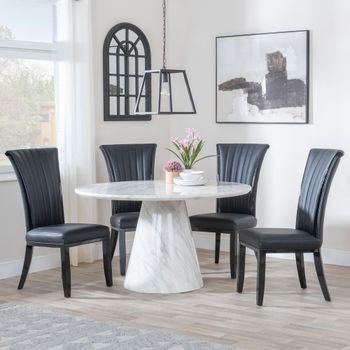 Carrera White Marble 4 Seater 130cm Round Dining Set with 4x Cadiz Black Leather Dining Chairs