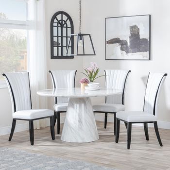 Carrera White Marble 4 Seater 130cm Round Dining Set with 4x Cadiz White Leather Dining Chairs