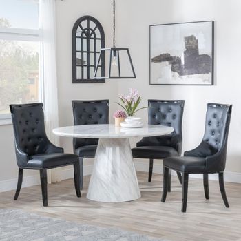 Carrera White Marble 4 Seater 130cm Round Dining Set with 4x Carmela Black Leather Dining Chairs