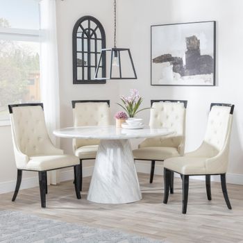 Carrera White Marble 4 Seater 130cm Round Dining Set with 4x Carmela Cream Leather Dining Chairs