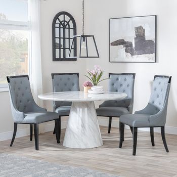 Carrera White Marble 4 Seater 130cm Round Dining Set with 4x Carmela Grey Leather Dining Chairs