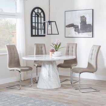 Carrera White Marble 4 Seater 130cm Round Dining Set with 4 Jamison Beige Faux Leather Chairs