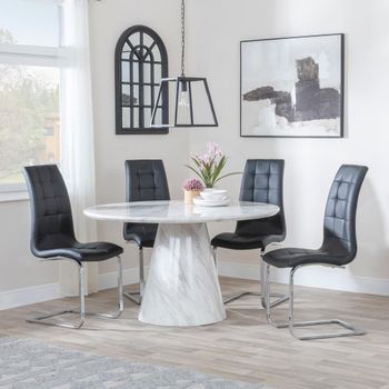 Carrera White Marble 4 Seater 130cm Round Dining Set with 4 Jamison Black Faux Leather Chairs