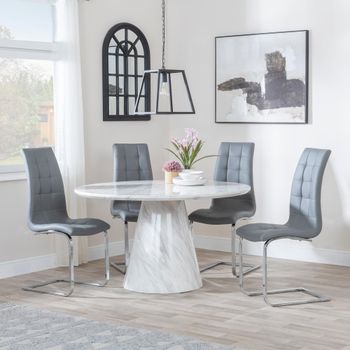 Carrera White Marble 4 Seater 130cm Round Dining Set with 4x Jamison Grey Faux Leather Dining Chairs