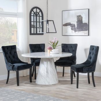 Carrera White Marble 4 Seater 130cm Round Dining Set with 4 Knocker Black Chairs & Black Legs