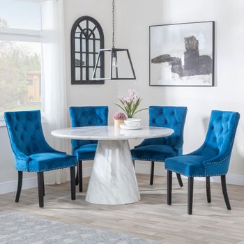 Carrera White Marble 4 Seater 130cm Round Dining Set with 4 Knocker Blue Chairs & Black Legs