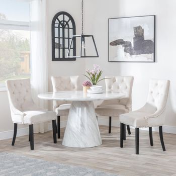 Carrera White Marble 4 Seater 130cm Round Dining Set with 4 Knocker Champagne Chairs & Black Legs