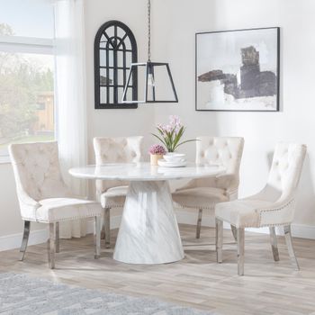 Carrera White Marble 4 Seater 130cm Round Dining Set with 4 Knocker Champagne Chairs & Chrome Legs