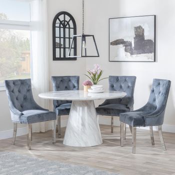 Carrera White Marble 4 Seater 130cm Round Dining Set with 4 Knocker Grey Chairs & Chrome Legs