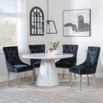 Carrera White Marble 4 Seater 130cm Dining Set with 4 Lion Knocker Black Chairs & Chrome Legs