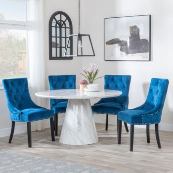 Carrera White Marble 4 Seater 130cm Dining Set with 4 Lion Knocker Blue Chairs & Black Legs