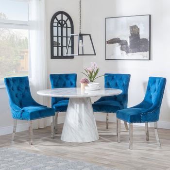 Carrera White Marble 4 Seater 130cm Dining Set with 4 Lion Knocker Blue Chairs & Chrome Legs