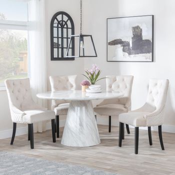 Carrera White Marble 4 Seater 130cm Dining Set with 4 Lion Knocker Champagne Chairs & Black Legs