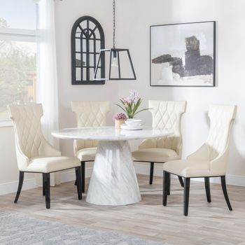 Carrera White Marble 4 Seater 130cm Round Dining Set with 4x Mimi Cream Leather Dining Chairs
