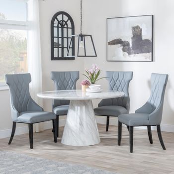 Carrera White Marble 4 Seater 130cm Round Dining Set with 4x Mimi Grey Leather Dining Chairs