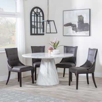 Carrera White Marble 4 Seater 130cm Round Dining Set with 4 Paris Brown Leather Chairs & Brown Legs