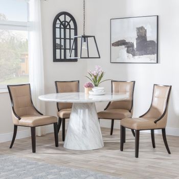 Carrera White Marble 4 Seater 130cm Round Dining Set with 4 Paris Taupe Leather Chairs & Brown Legs