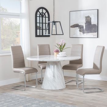 Carrera White Marble 4 Seater 130cm Round Dining Set with 4x Roma Beige Faux Leather Dining Chairs