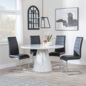 Carrera White Marble 4 Seater 130cm Round Dining Set with 4x Roma Black Faux Leather Dining Chairs