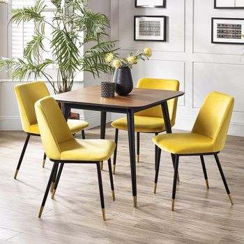 Findlay 4 Seater 90cm Square Walnut Dining Set with 4 Delaunay Yellow Chairs