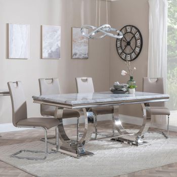Glacier Grey Marble and Chrome 6 Seater 180cm Dining Set with Bianco Beige Faux Leather Chairs