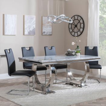 Glacier Grey Marble and Chrome 6 Seater 180cm Dining Set with Bianco Black Faux Leather Chairs