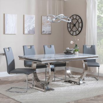 Glacier Grey Marble and Chrome 6 Seater 180cm Dining Set with Bianco Grey Faux Leather Dining Chairs