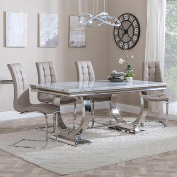 Glacier Grey Marble and Chrome 6 Seater 180cm Dining Set with Jamison Beige Faux Leather Chairs