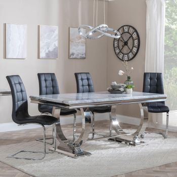 Glacier Grey Marble and Chrome 6 Seater 180cm Dining Set with Jamison Black Faux Leather Chairs