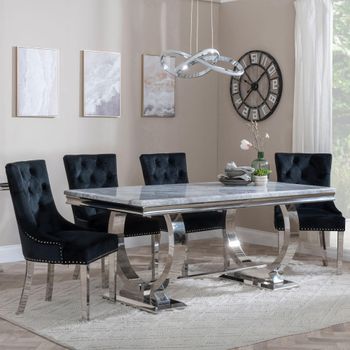 Glacier Grey Marble and Chrome 6 Seater 180cm Dining Set with Knocker Black Chairs & Chrome Legs