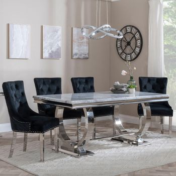 Glacier Grey Marble 6 Seater 180cm Dining Set with Lion Knocker Black Chairs & Chrome Legs
