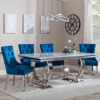 Glacier Grey Marble 6 Seater 180cm Dining Set with Lion Knocker Blue Chairs & Chrome Legs