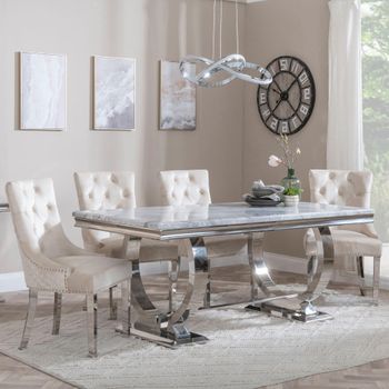 Glacier Grey Marble 6 Seater 180cm Dining Set with Lion Knocker Champagne Chairs & Chrome Legs