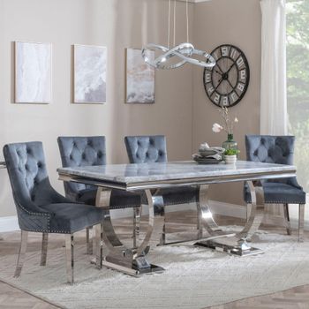 Glacier Grey Marble 6 Seater 180cm Dining Set with Lion Knocker Grey Chairs & Chrome Legs