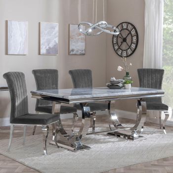 Glacier Grey Marble and Chrome 6 Seater 180cm Dining Set with Louis Grey Velvet Fabric Dining Chairs