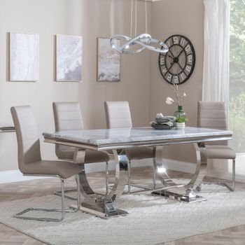 Glacier Grey Marble and Chrome 6 Seater 180cm Dining Set with Roma Beige Faux Leather Dining Chairs