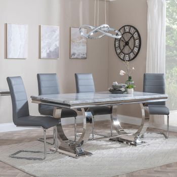 Glacier Grey Marble and Chrome 6 Seater 180cm Dining Set with Roma Grey Faux Leather Dining Chairs