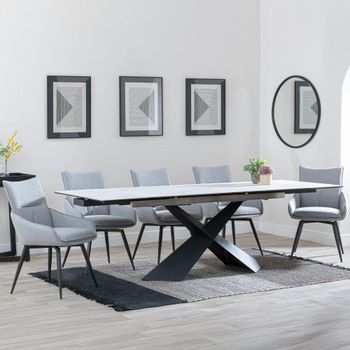 Clearance - Hayden White Ceramic 160cm-240cm Extending Dining Set with Ace Grey Swivel Chairs