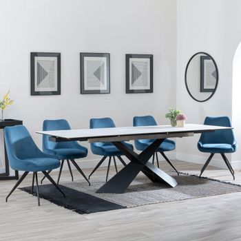 Clearance - Hayden White Ceramic 160-240cm Extending Dining Set with Arctic Blue Swivel Chairs